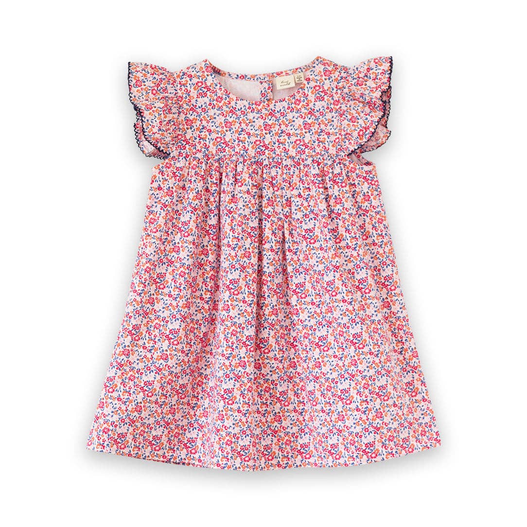 Girls Hannah Dress with Flutter Sleeves - Red and Blue Floral | Beet World