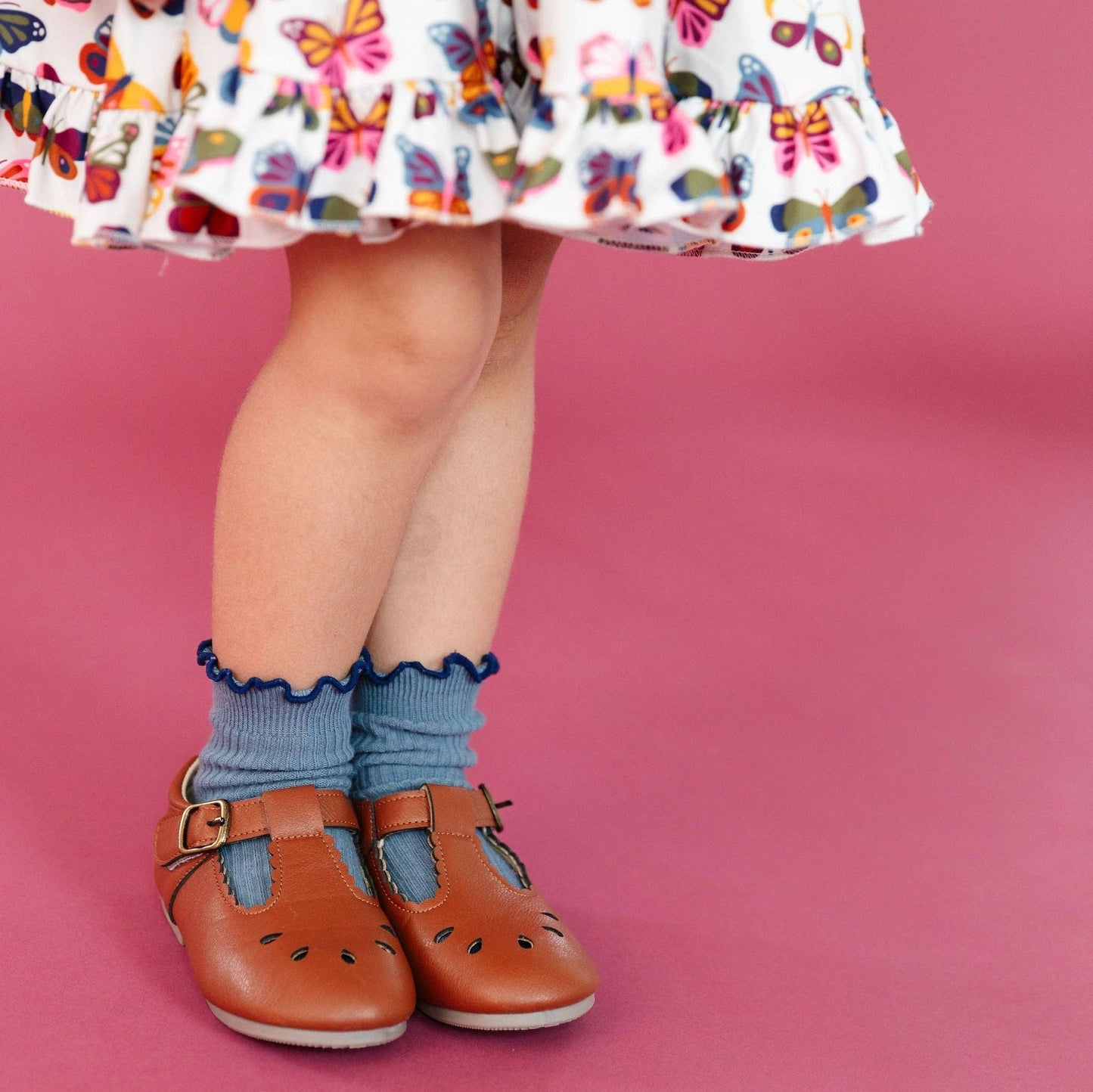 Denim & Navy Lettuce Trim Midi Socks | Little Stocking Co.
