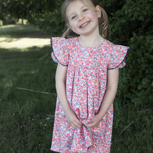 Girls Hannah Dress with Flutter Sleeves - Red and Blue Floral | Beet World