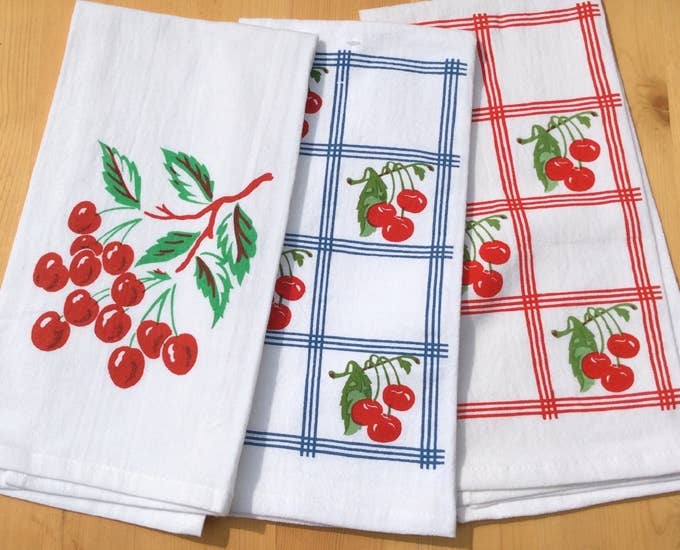 Blue Country Cherry Retro Flour Sack Towel | Red & White Kitchen Company