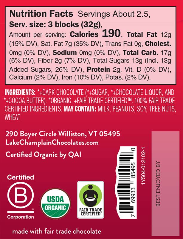 Dark Chocolate Signature Bar (Organic & Fair Trade) | Lake Champlain Chocolates