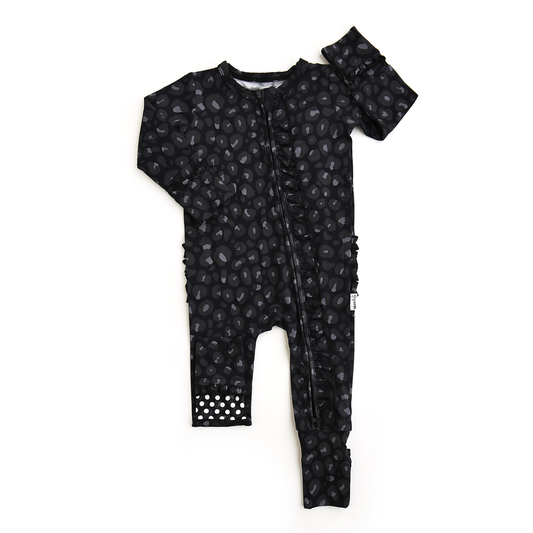 Ash Black Leopard Ruffle Romper | Gigi & Max
