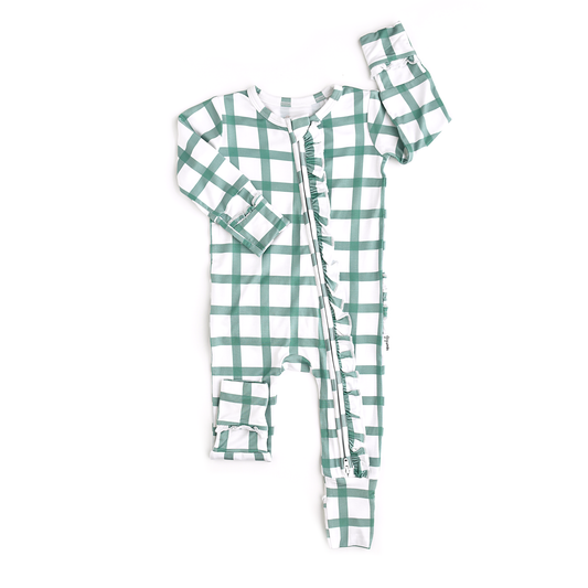 Joy Green Plaid Ruffle Zip Bamboo Romper | Gigi & Max