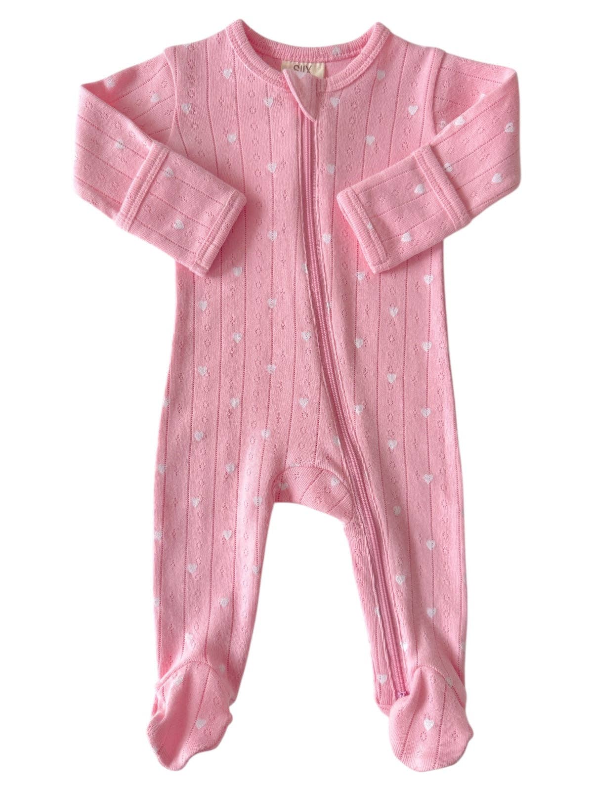 Pink and White Heart Organic Pointelle Footie | Siix Collection