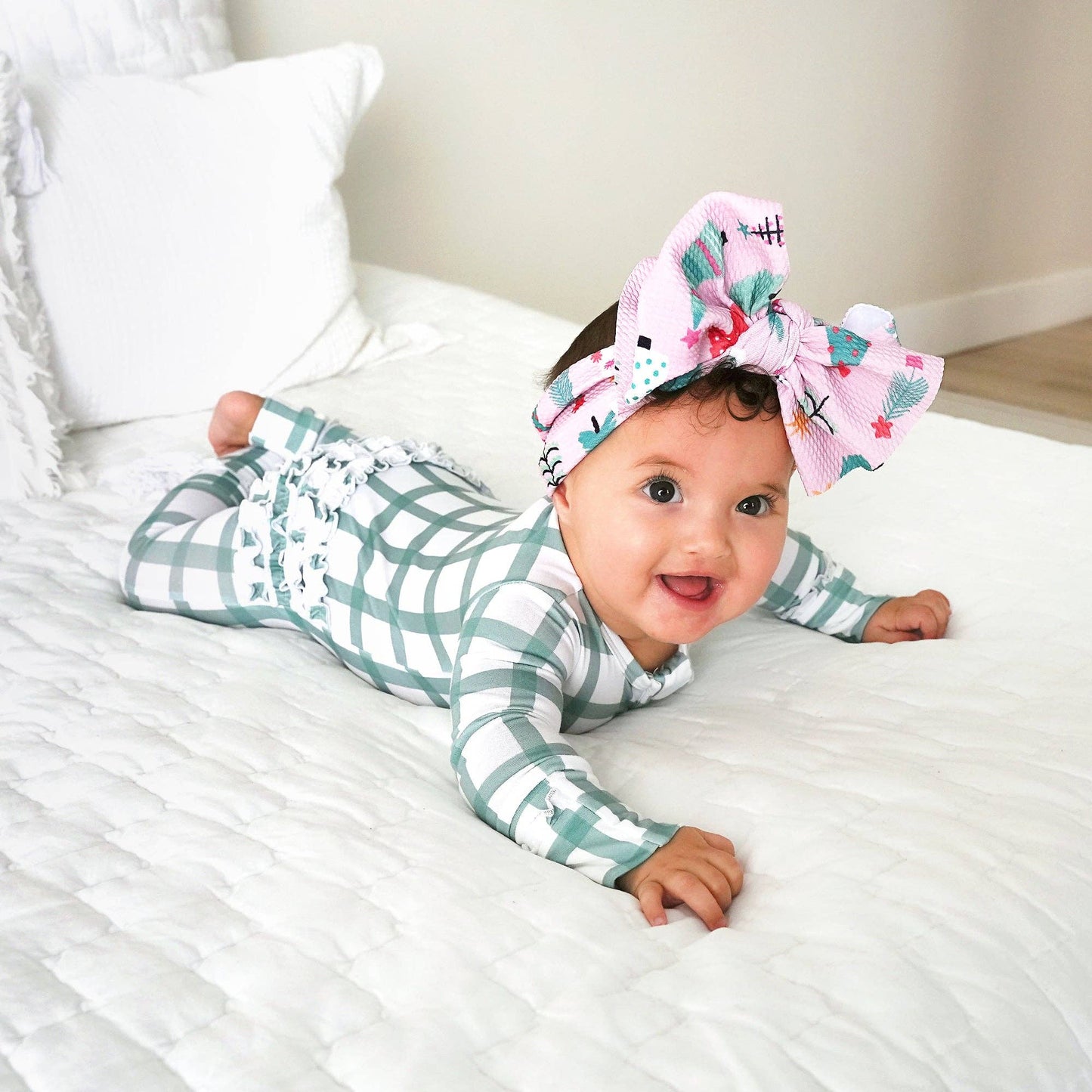 Joy Green Plaid Ruffle Zip Bamboo Romper | Gigi & Max