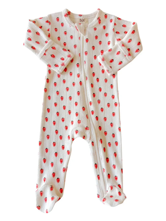 White Strawberry Pointelle Zip Footie | Siix Collection