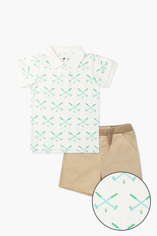 Short Sleeve Golf Polo + Twill Short | Monica + Andy