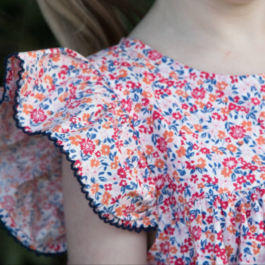 Girls Hannah Dress with Flutter Sleeves - Red and Blue Floral | Beet World
