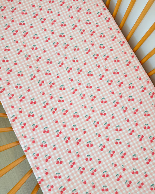 Gingham Cherries Muslin Crib Sheet | Siix Collection