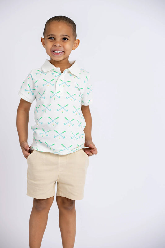 Short Sleeve Golf Polo + Twill Short | Monica + Andy