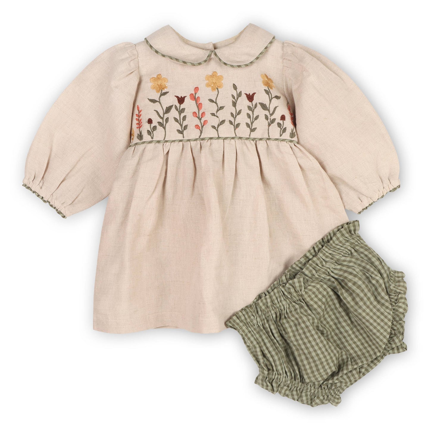 Floral Linen Peter Pan Baby Dress & Bloomer | Viverano Organics
