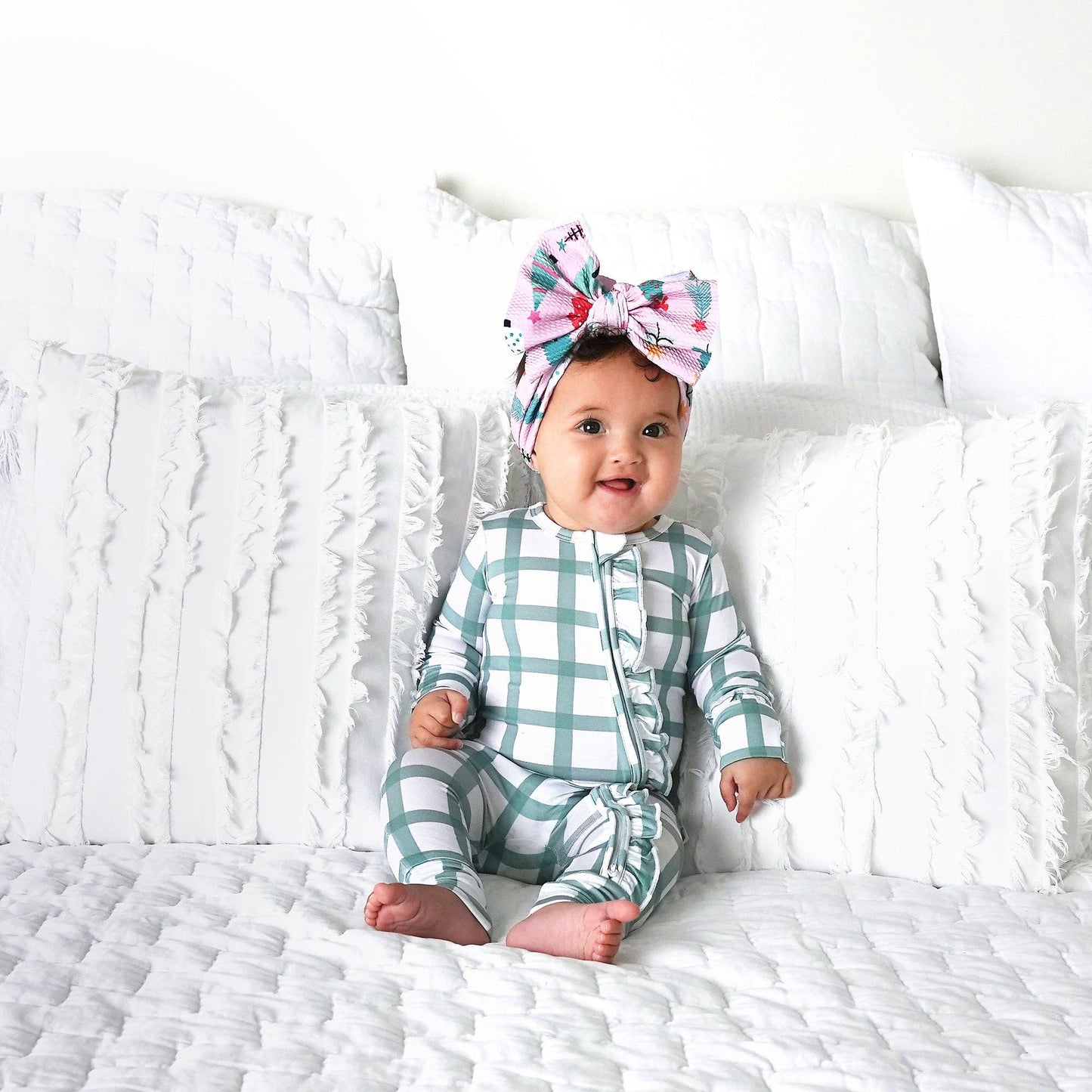 Joy Green Plaid Ruffle Zip Bamboo Romper | Gigi & Max