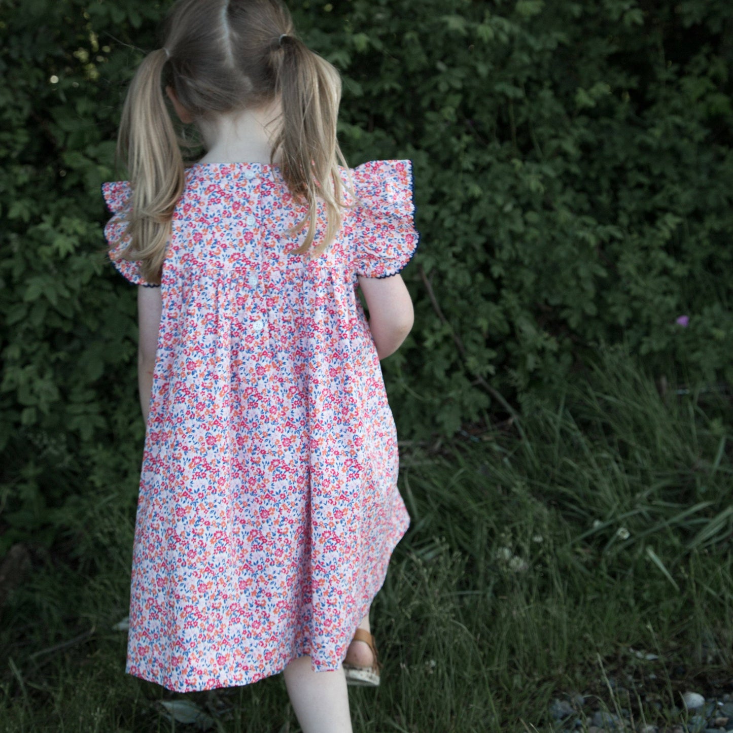 Girls Hannah Dress with Flutter Sleeves - Red and Blue Floral | Beet World