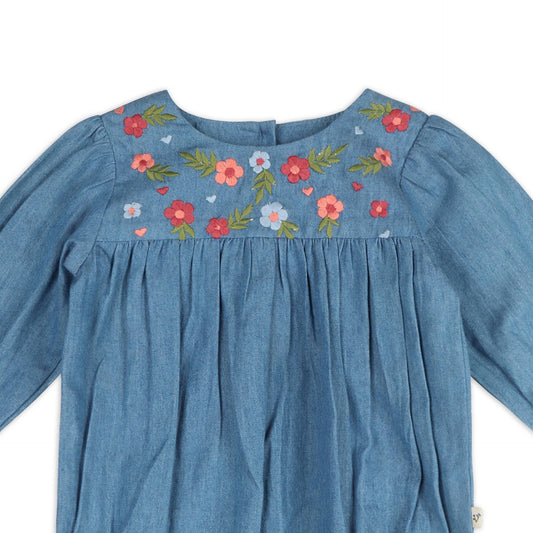 Ida Floral Embroidery Denim Romper & Headband | Viverano Organics
