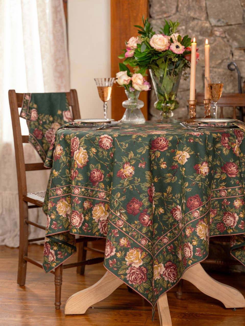 Forest Green Winter Rose Tablecloth | April Cornell