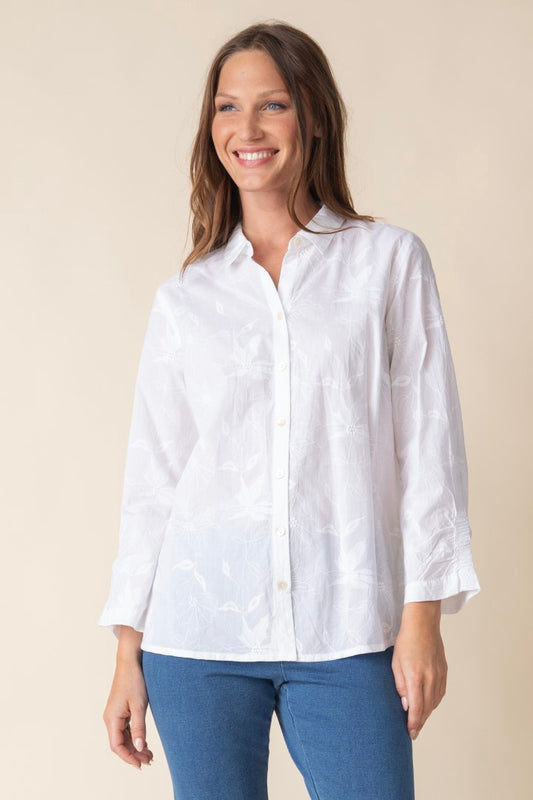Floral Embroidered Ruched Sleeve Shirt | Habitat Clothing
