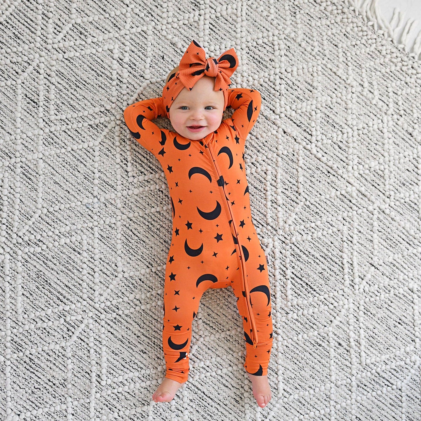 Blaise Orange Moon Zip Romper | Gigi & Max
