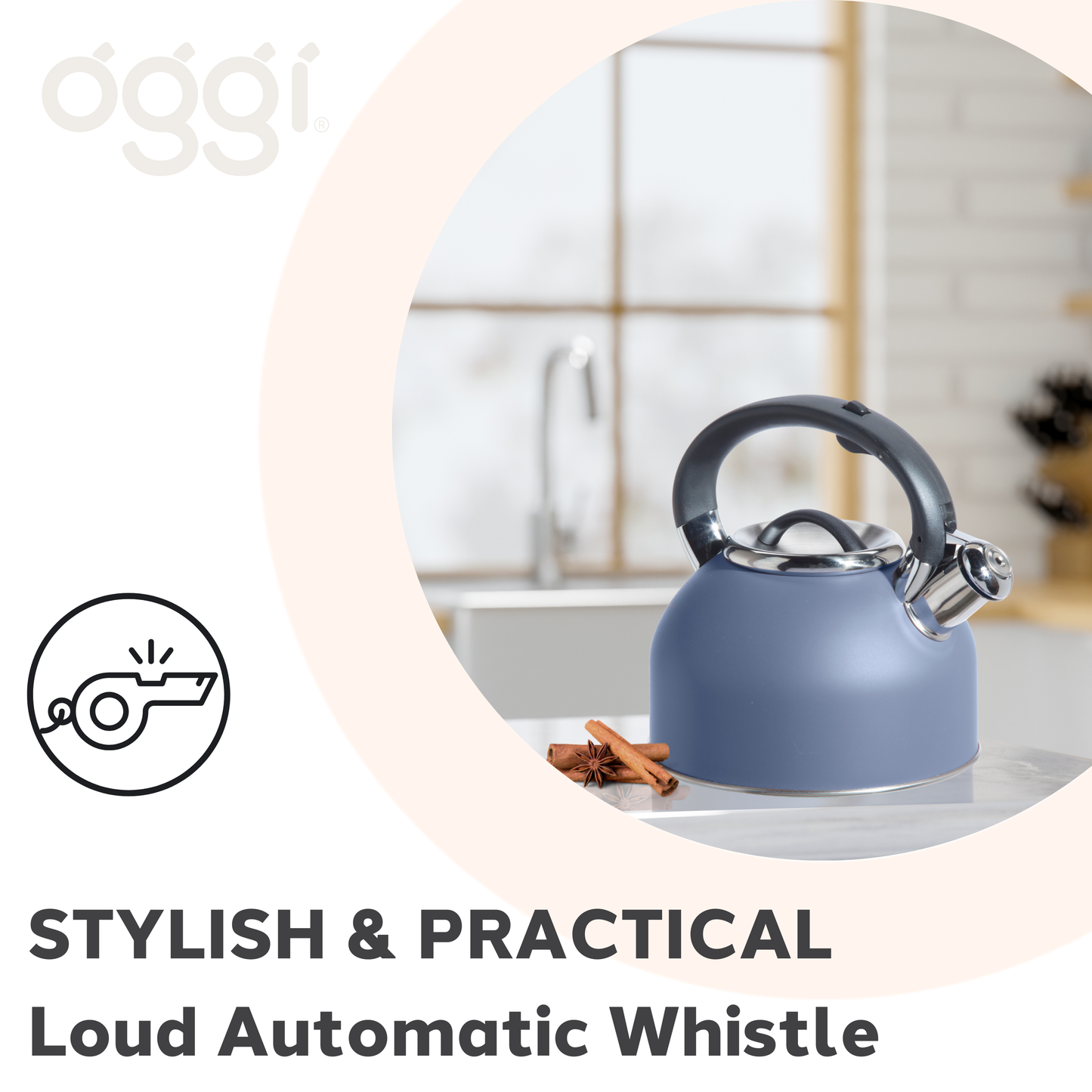 Stainless Stovetop Whistling Tea Kettle (1.9 lt, 64 oz) | Oggi