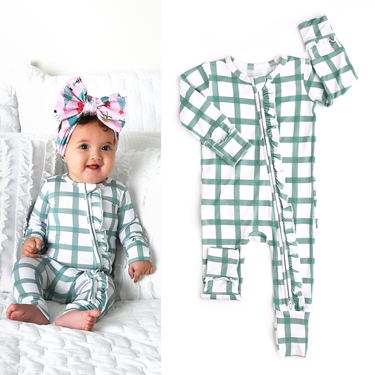 Joy Green Plaid Ruffle Zip Bamboo Romper | Gigi & Max