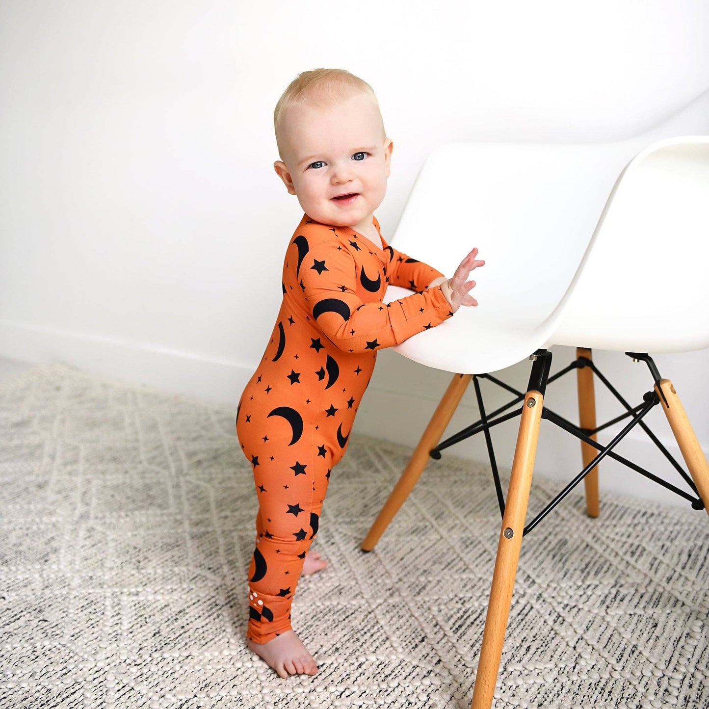 Blaise Orange Moon Zip Romper | Gigi & Max