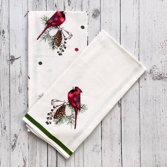 Cardinal with Pinecones Floursack Kitchen Towel Set of 2 | Mahogany