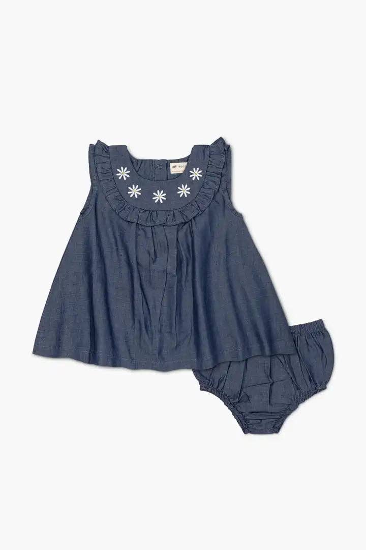 Embroidered Chambray Bib Dress | Monica + Andy