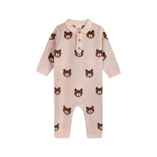 Brown Bear Jacquard Sweater Knit Jumpsuit | Viverano Organics