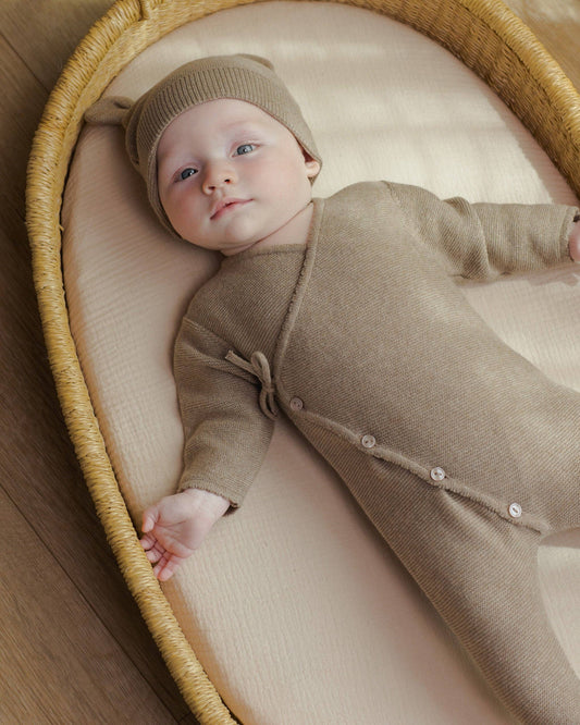 Wrap Knit Footie - Heathered Mocha | Quincy Mae