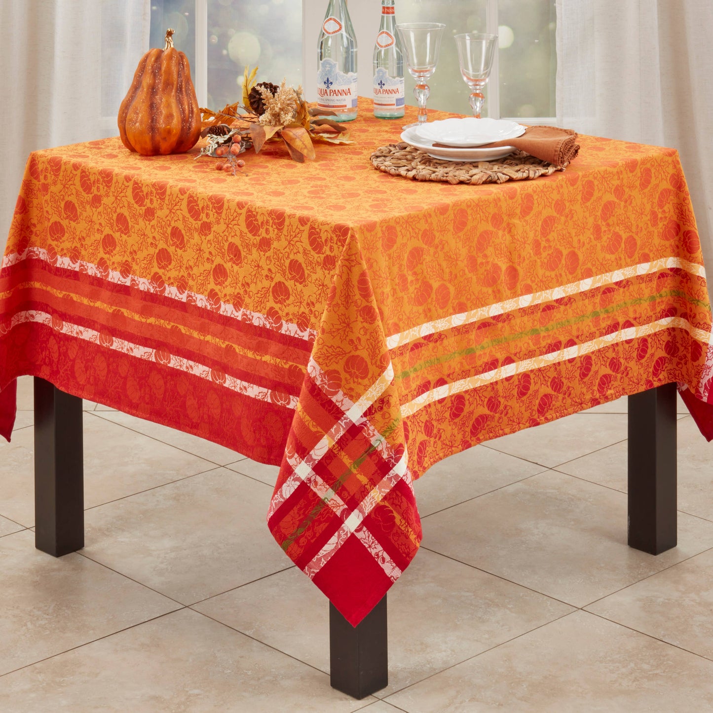 Pumpkin and Leaf Jacquard Square Tablecloth | Saro Lifestyle