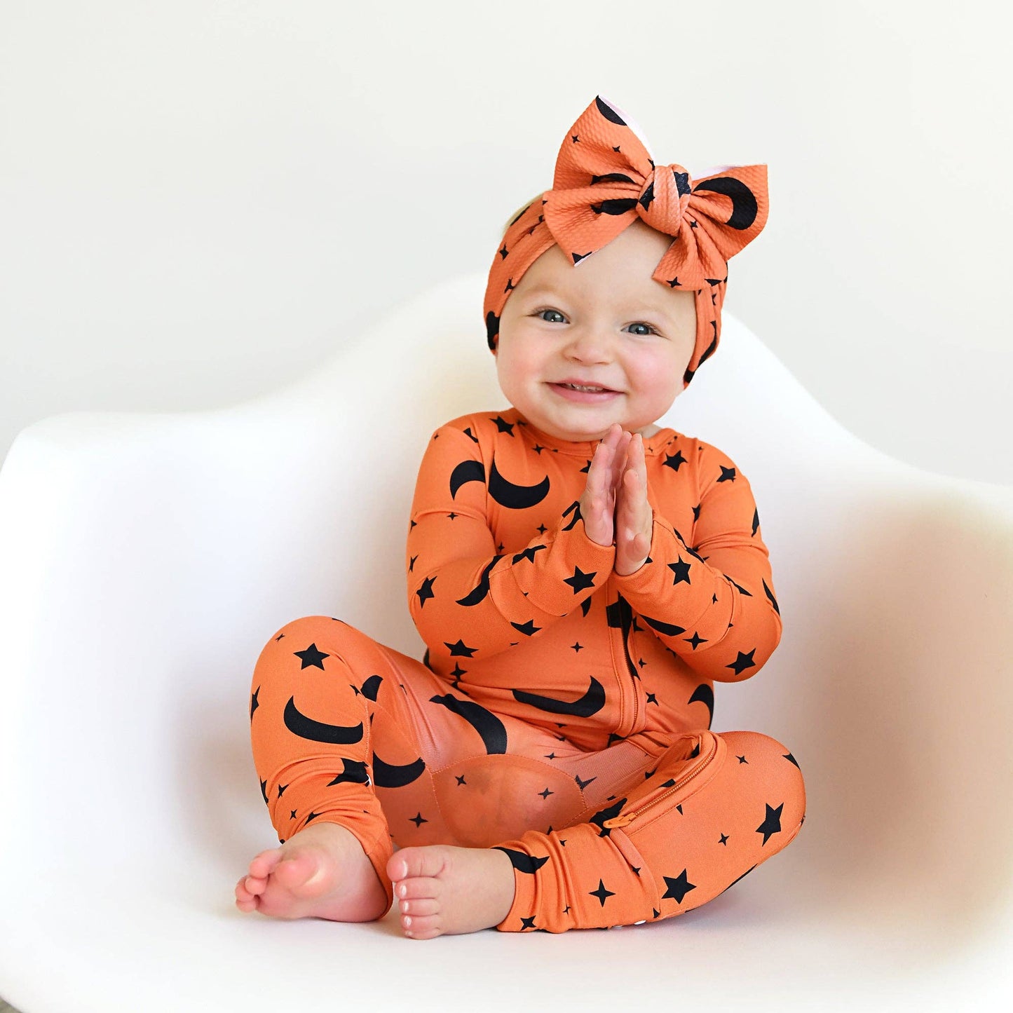 Blaise Orange Moon Zip Romper | Gigi & Max