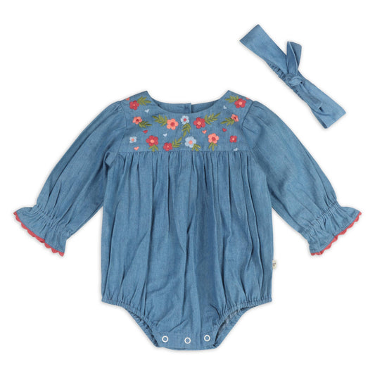Ida Floral Embroidery Denim Romper & Headband | Viverano Organics