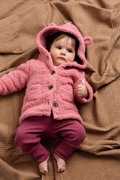 Mauve Pink Sherpa Teddy Cardigan | Monica + Andy