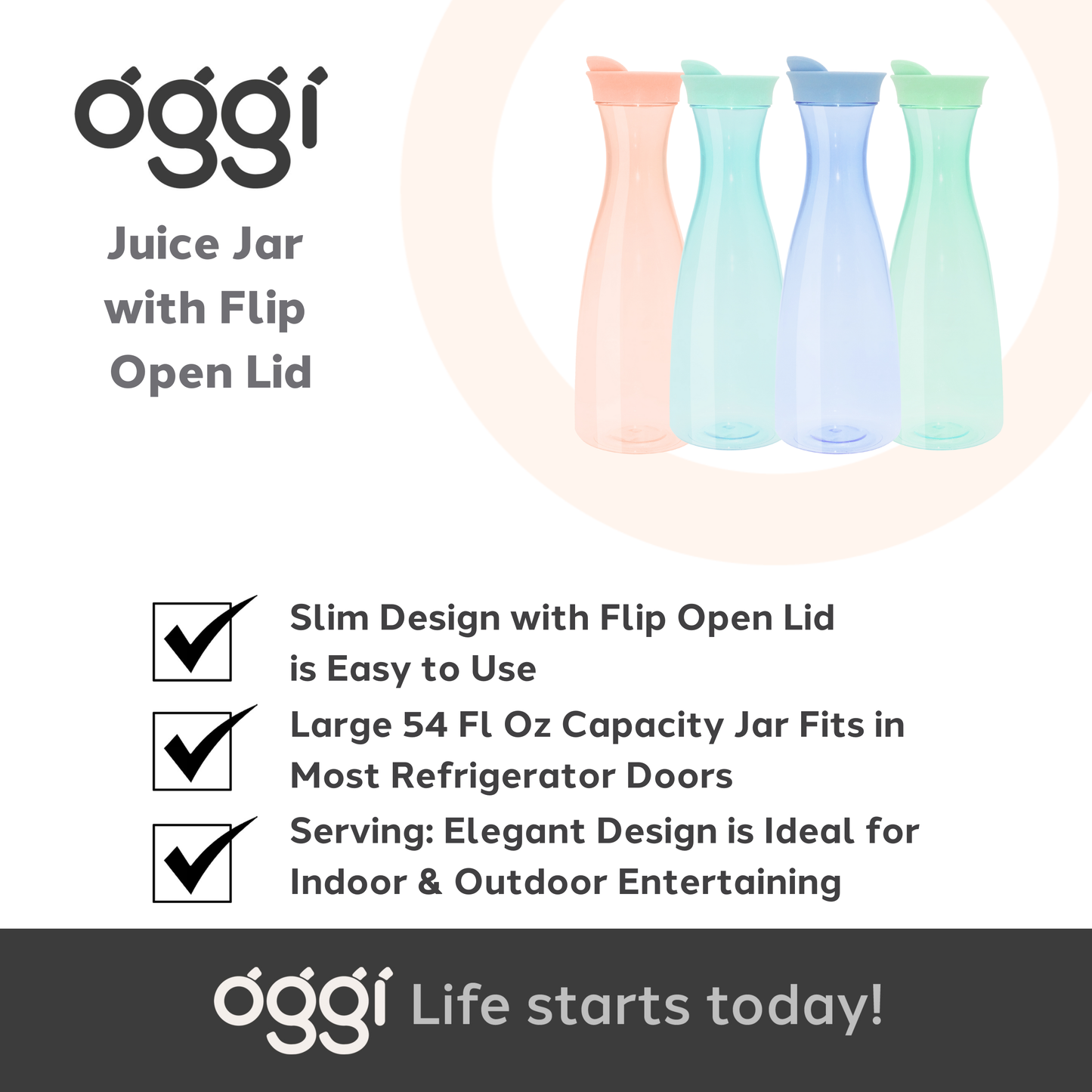 Juice Jar w/ Flip-Open Lid (1.6 lt, 54 oz) - Blush Tint | Oggi