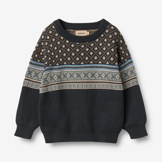 Julius Organic Jacquard Pullover - Navy | Wheat
