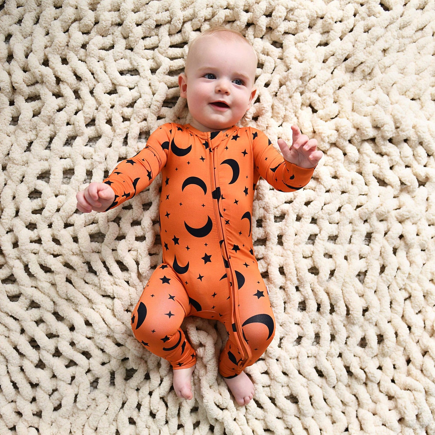 Blaise Orange Moon Zip Romper | Gigi & Max
