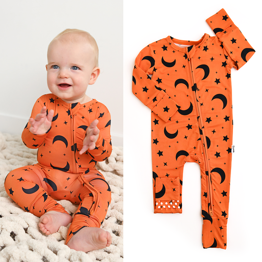 Blaise Orange Moon Zip Romper | Gigi & Max