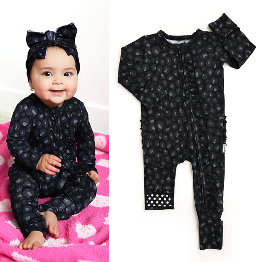 Ash Black Leopard Ruffle Romper | Gigi & Max
