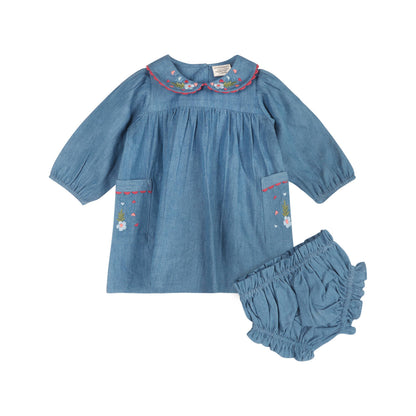 Ida Floral Embroidered Denim Dress & Bloomer | Viverano Organics