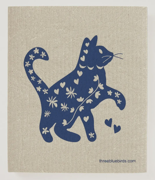 Blue Cool Cat on Sand Swedish Dishcloth | Three Bluebirds