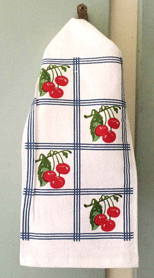 Blue Country Cherry Retro Flour Sack Towel | Red & White Kitchen Company
