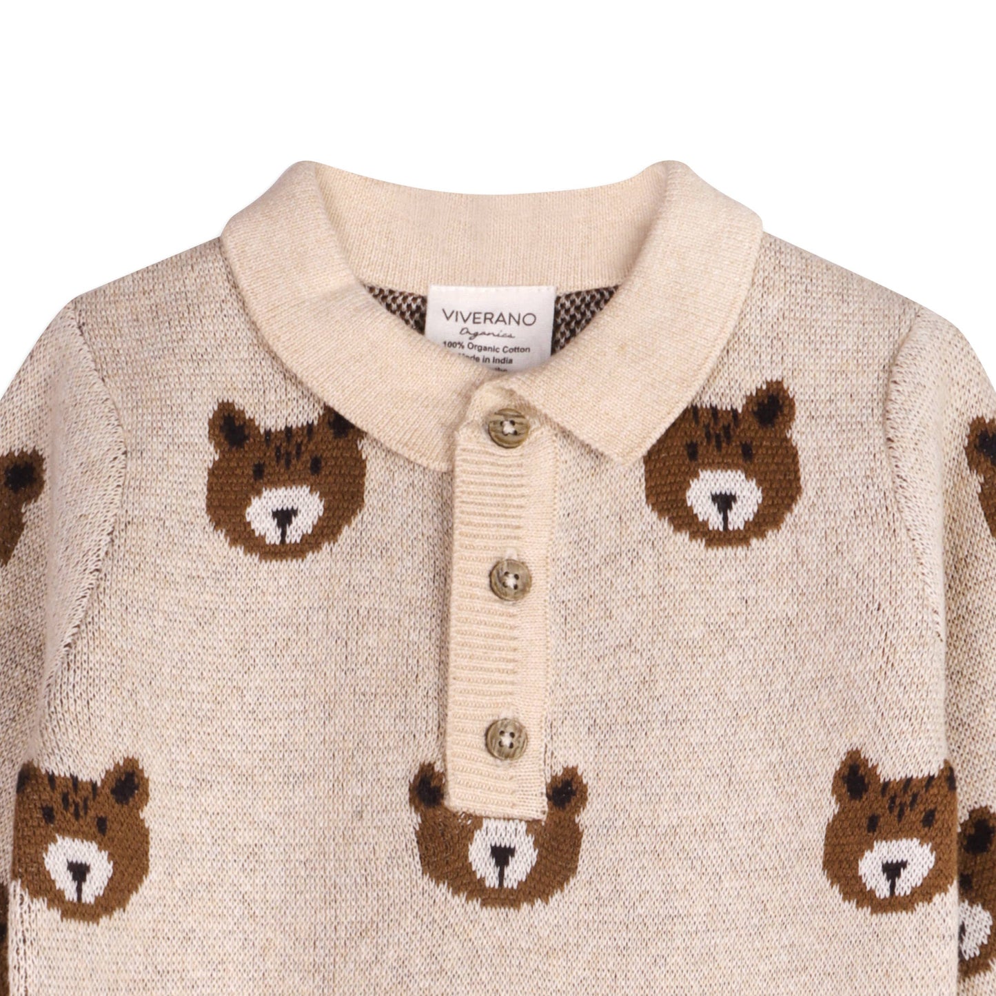 Brown Bear Jacquard Sweater Knit Jumpsuit | Viverano Organics