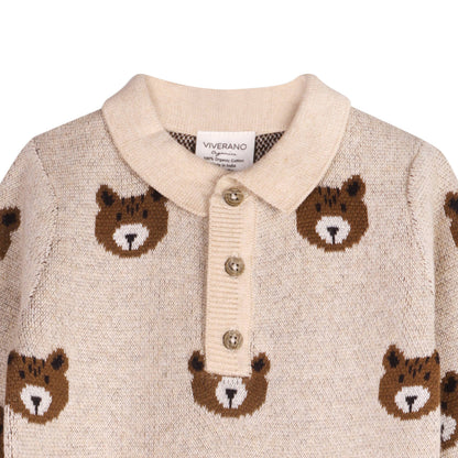 Brown Bear Jacquard Sweater Knit Jumpsuit | Viverano Organics