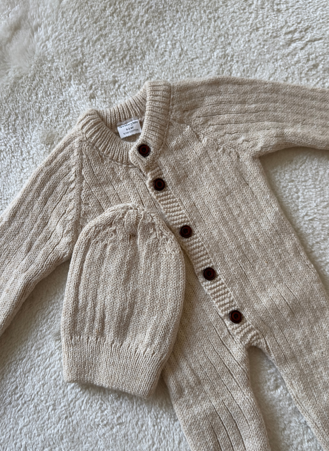 Beige Knitted Baby Romper and Beanie Set | Himmelberg Baby