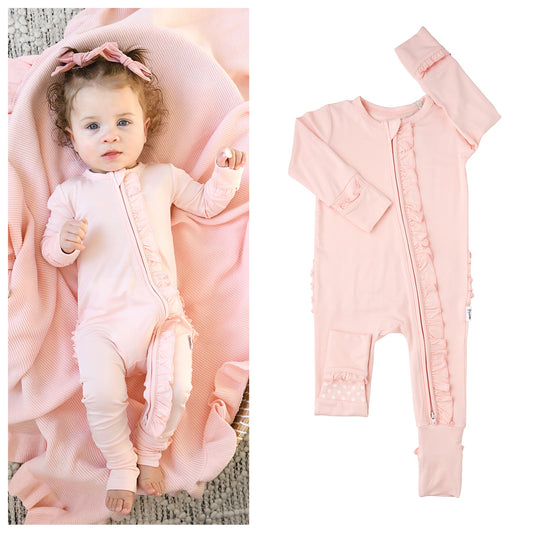 Light Pink Ruffle Bamboo Zip Romper | Gigi & Max
