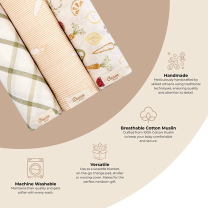 Clementine Cotton Muslin Swaddle Set (Set of 3) | Crane Baby