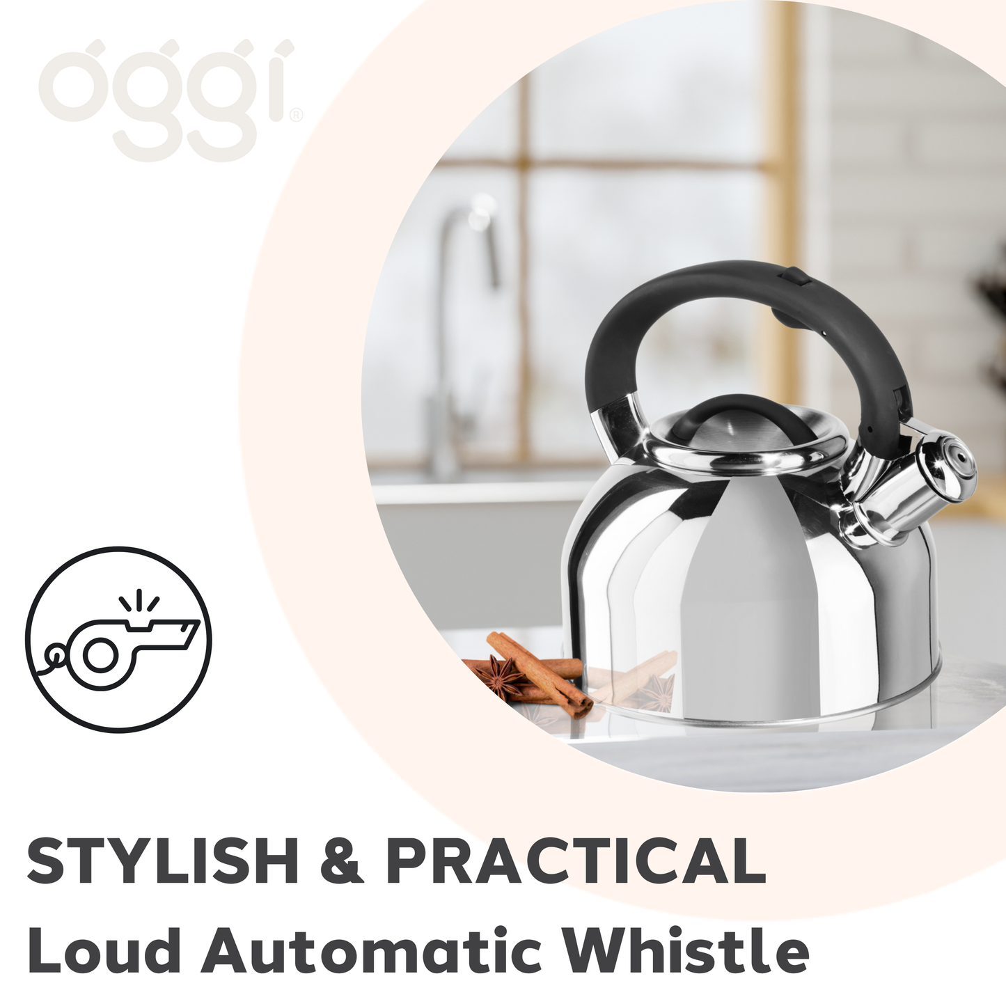 Stainless Steel Whistling Tea Kettle (1.9 lt, 64 oz) | Oggi