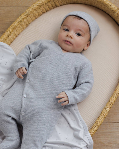 Wrap Knit Footie - Heathered Dusty Blue | Quincy Mae