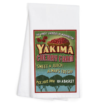 Yakima Cherries Vintage Sign Tea Towel | Lantern Press