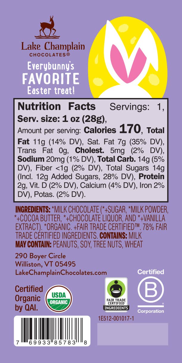 Easter Baby Bunny Milk Chocolate (Organic & Fair Trade) | Lake Champlain Chocolates