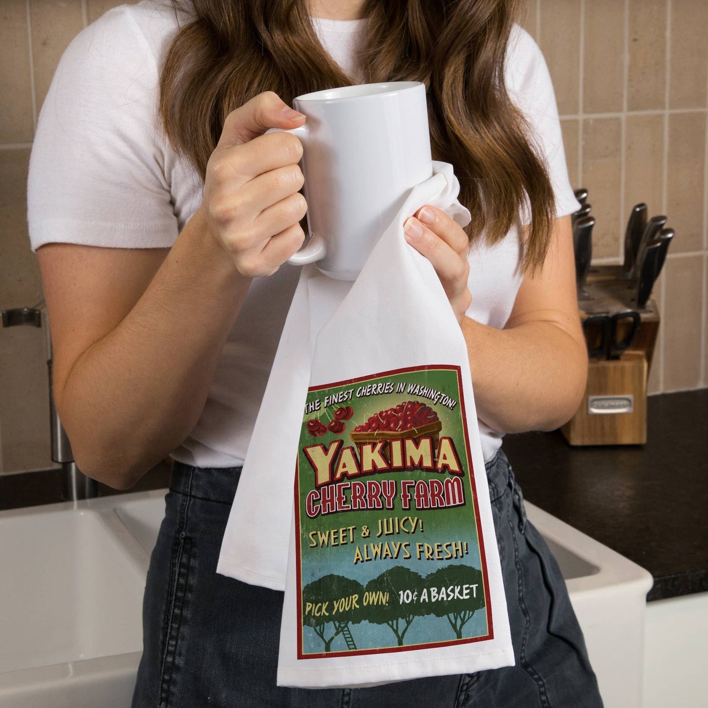 Yakima Cherries Vintage Sign Tea Towel | Lantern Press